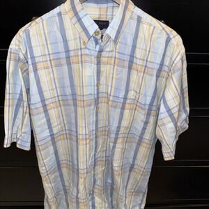 Scott Barber Large L Shirt Button Down Blue White Plaid 100% Cotton Short Sleeve